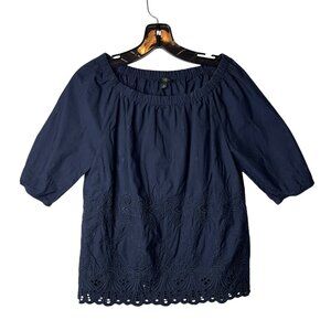 Talbots Women's Navy Blue Cotton Off the Shoulder Eyelet Top Petite Size S